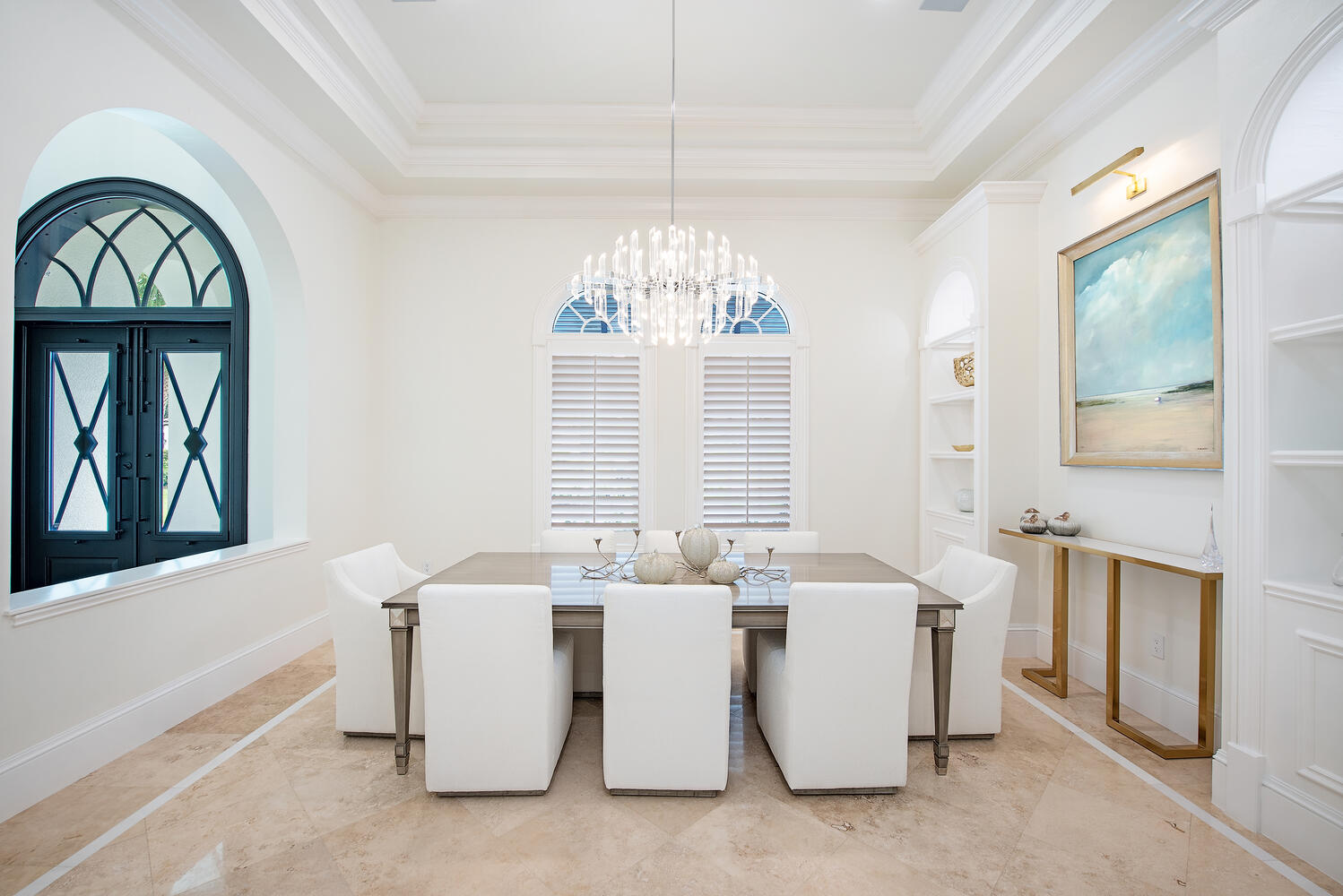 Paneled dining room at dusk